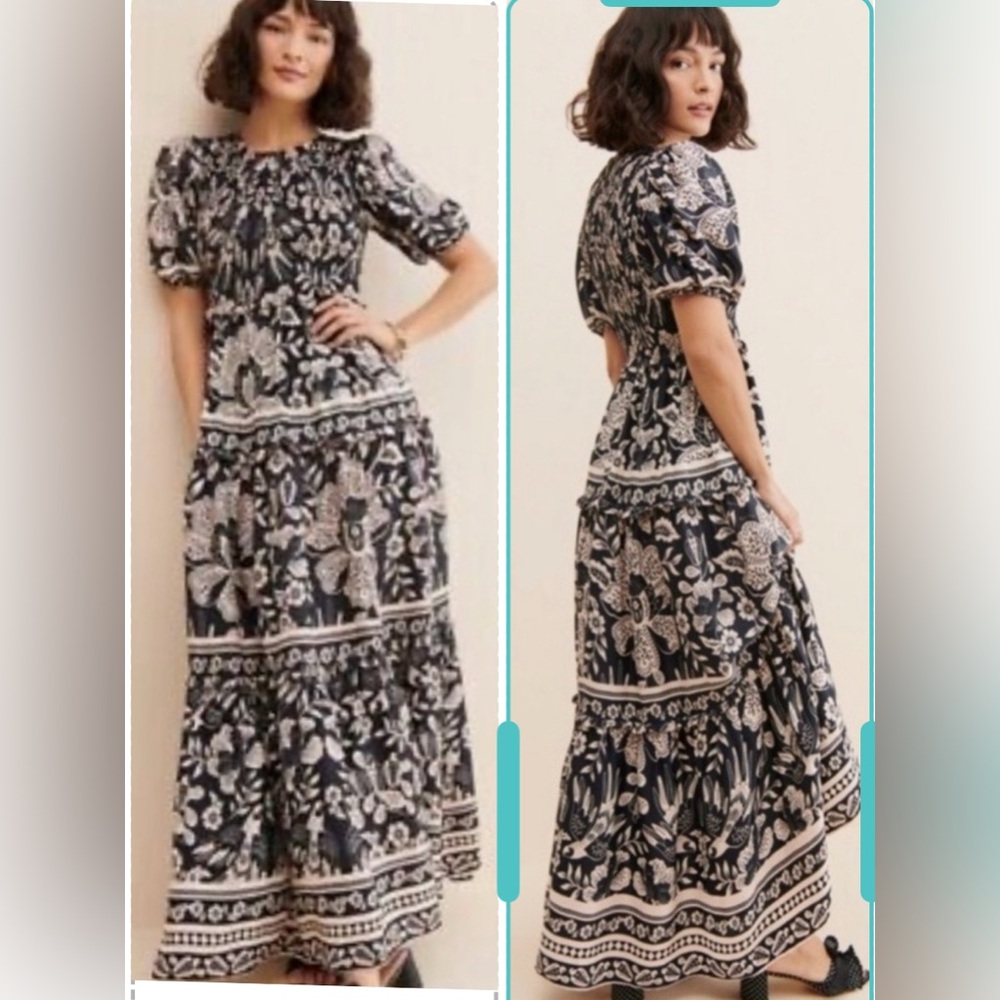 Farm Rio Graphic Tiered Puff Sleeves Maxi Dress Size XS